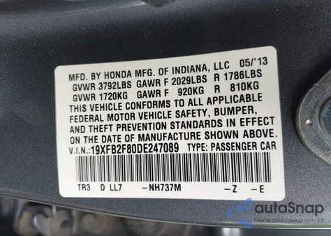 2013 Honda Civic Ex from USA, damaged, VIN 19XFB2F80DE247089